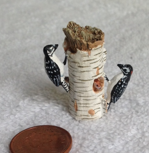 Woodpeckers on a birch stump